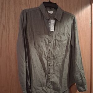 womens Westport long sleeve button down shirt, floral embroidery on back, olive